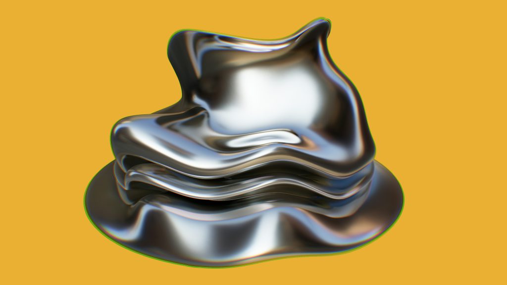 Błyszcząca, nieregularna forma przypominająca płynny metal o gładkiej powierzchni na jednolitym żółtym tle